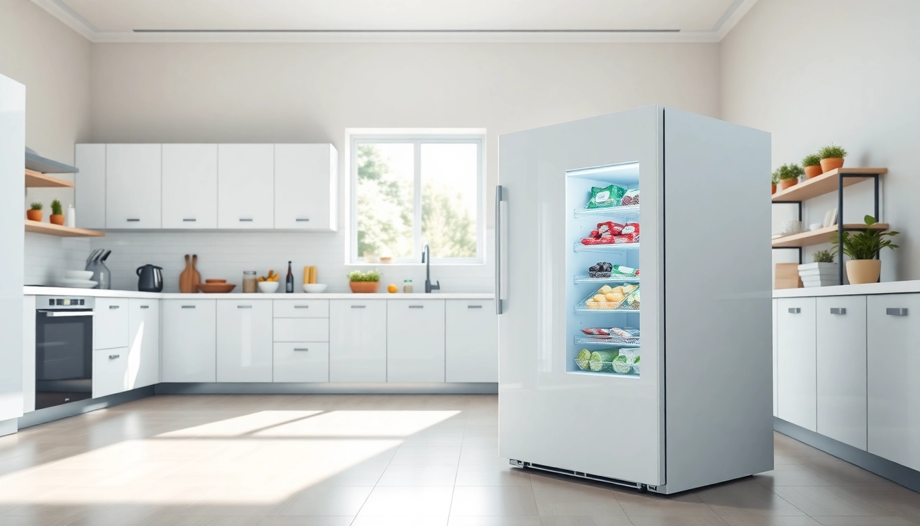 Showcase of a modern freezer filled with frozen foods in a well-designed kitchen.