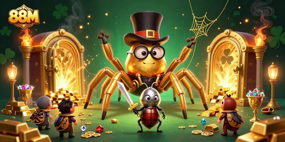 88M brings excitement to players as a golden tarantula and beetle knight engage amidst sparkling casino treasures.
