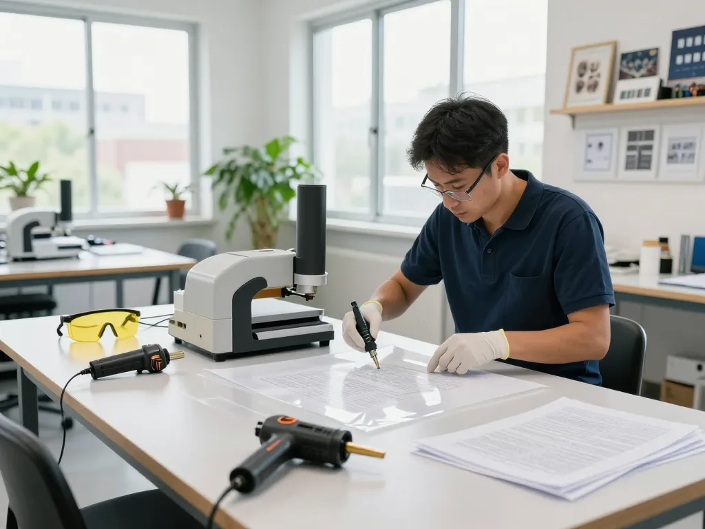 dich vụ bóc ép plastic phục hồi tài liệu trong một xưởng chuyên nghiệp với kỹ thuật viên sử dụng máy móc tiên tiến