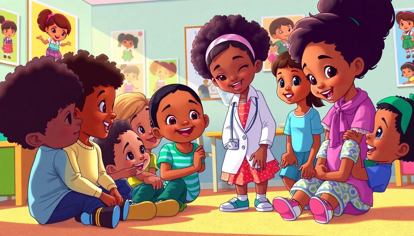 Children joyfully engaging with characters from popular African American cartoons.