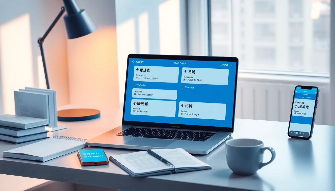 Illustration of a modern workspace with 有道 translation tools and learning materials.