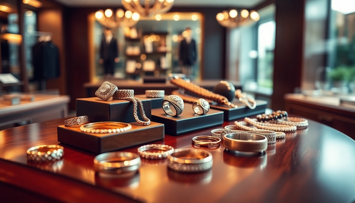 Showcase of men’s jewelry including rings and bracelets on a stylish table.