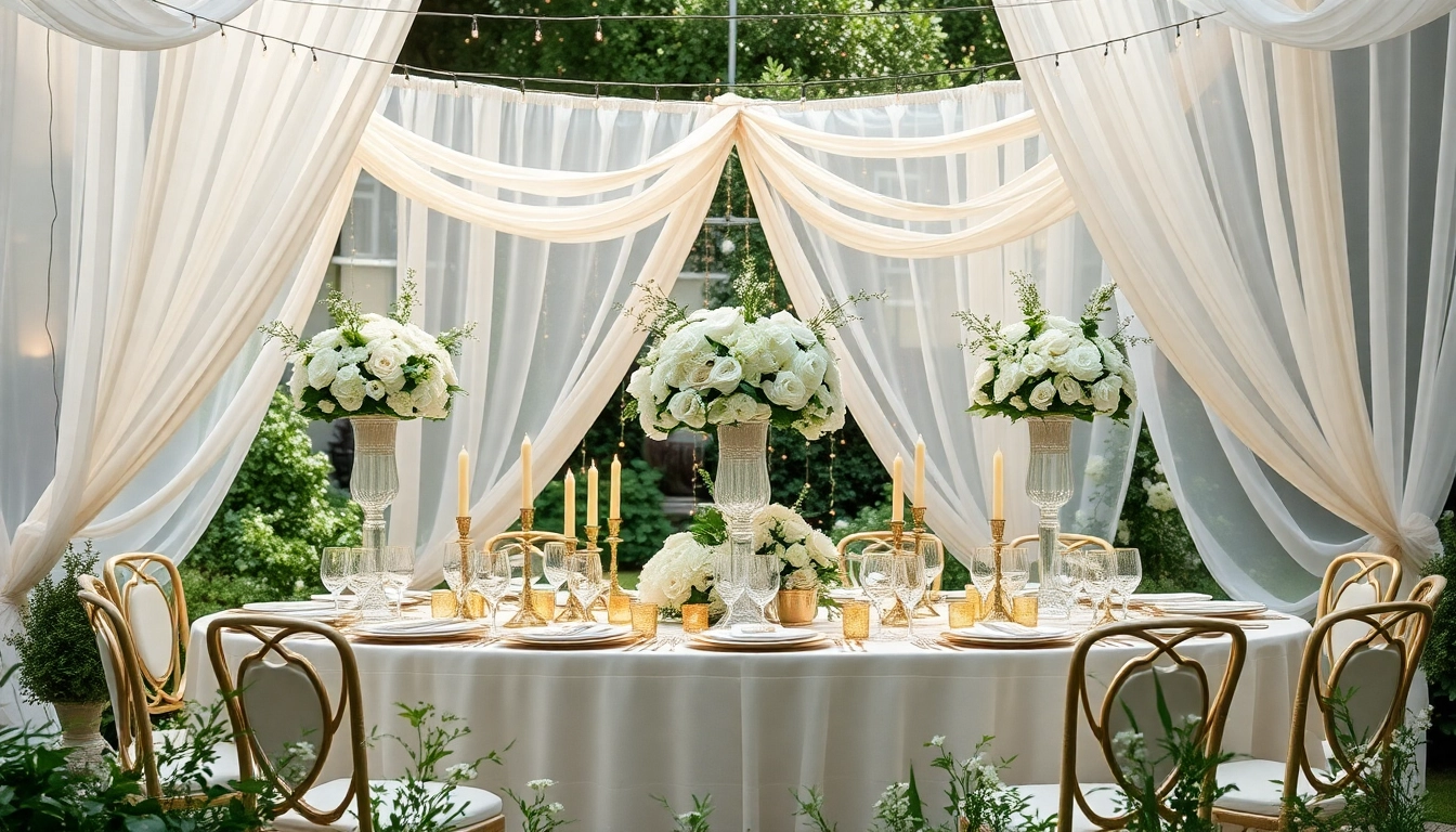 Admire the elegant reception table for Wedding & Event Rentals showcasing floral arrangements and golden details.
