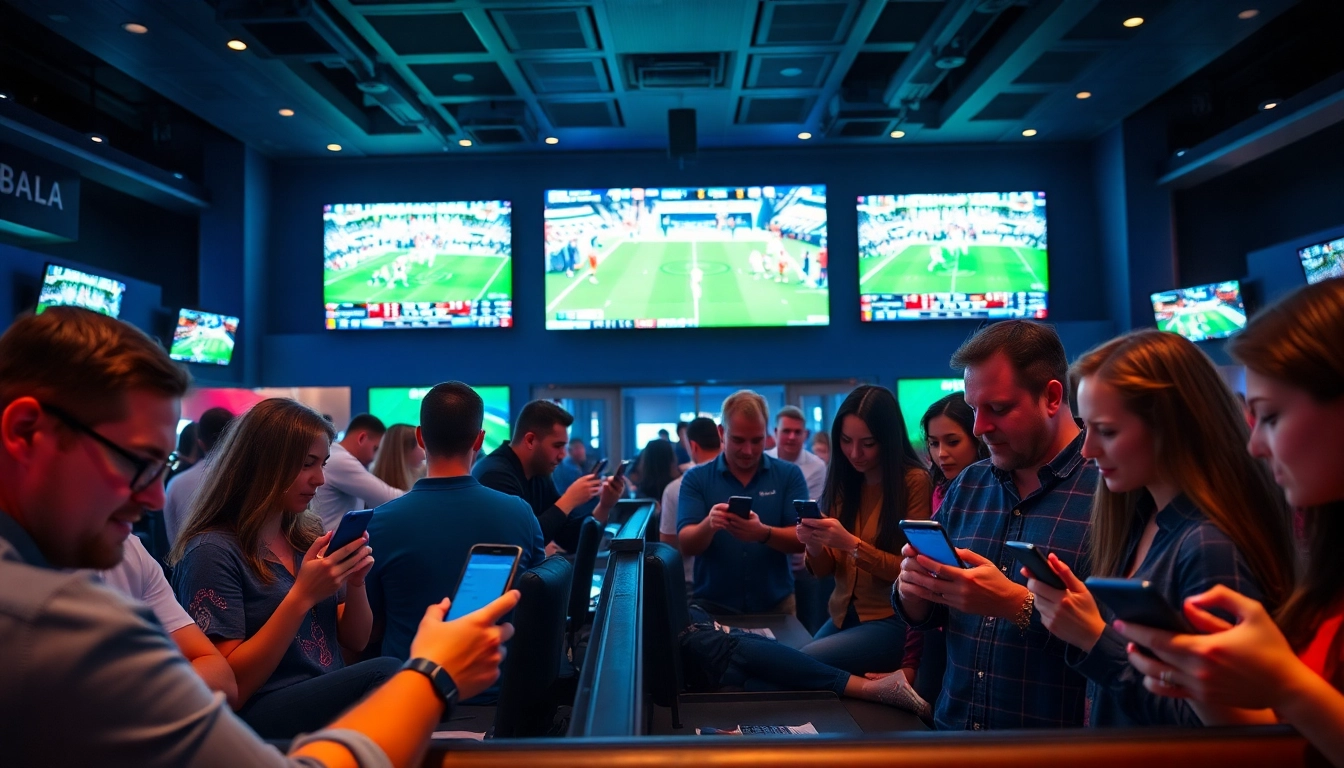 Dynamic scene showcasing sportsbooks in South Carolina with enthusiastic bettors engaged in sports events.