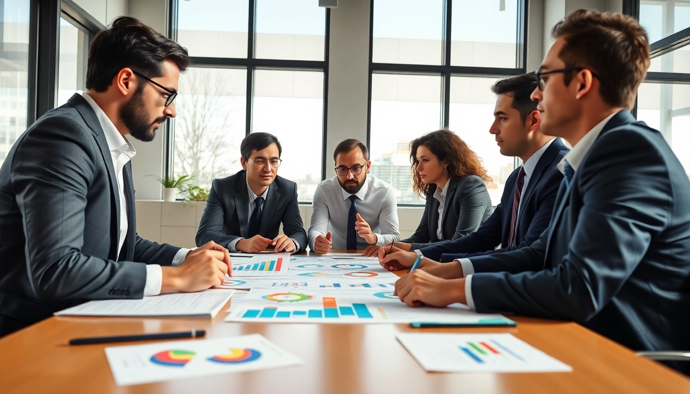 Analyze competitive intelligence data in a modern business meeting with diverse professionals.