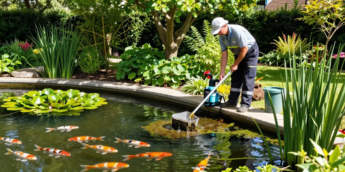 Pond Cleaning Surrey expert technician removing algae from a tranquil pond in Surrey.
