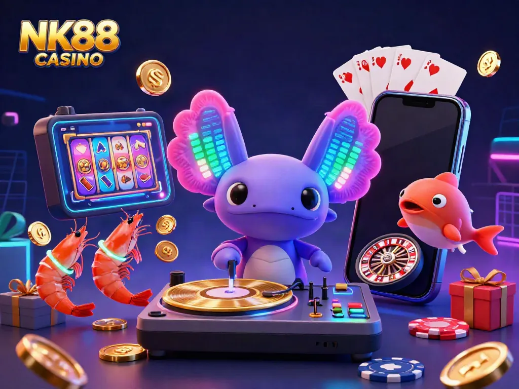 Engage with NK88 CASINO, featuring neon characters celebrating with slot games and cosmic winnings.