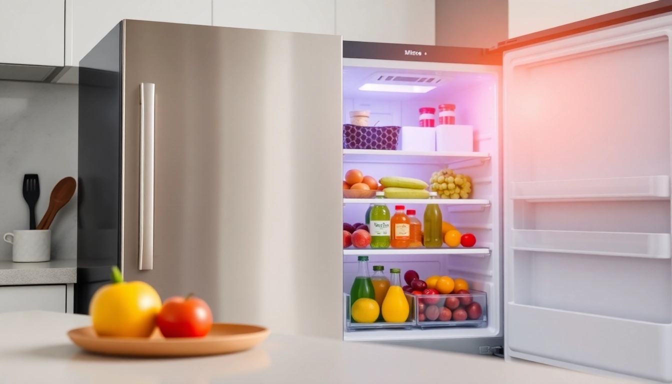Showcasing an affordable mini fridge and freezer filled with fresh produce in a contemporary kitchen.
