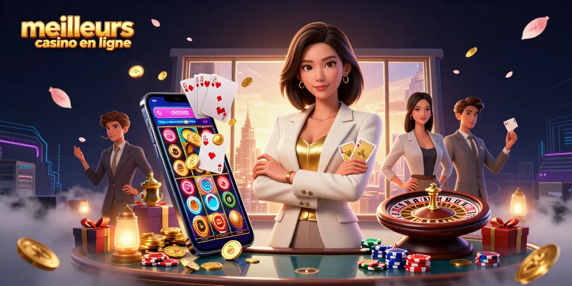 Vivez le frisson des meilleurs casino en ligne avec un croupier élégant présentant des cartes de poker et des jeux vibrants.