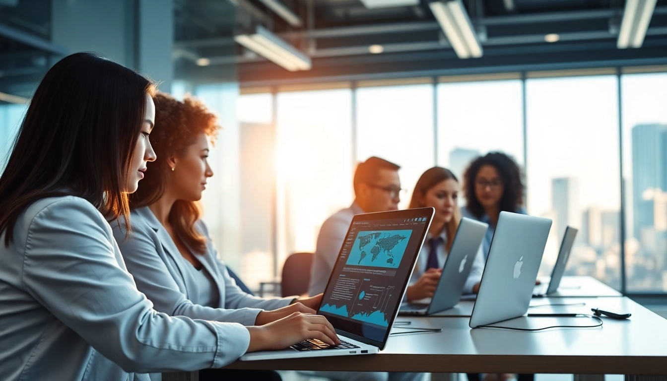 Showcasing the AI powered warranty company workforce collaborating on digital contracts in a modern office.