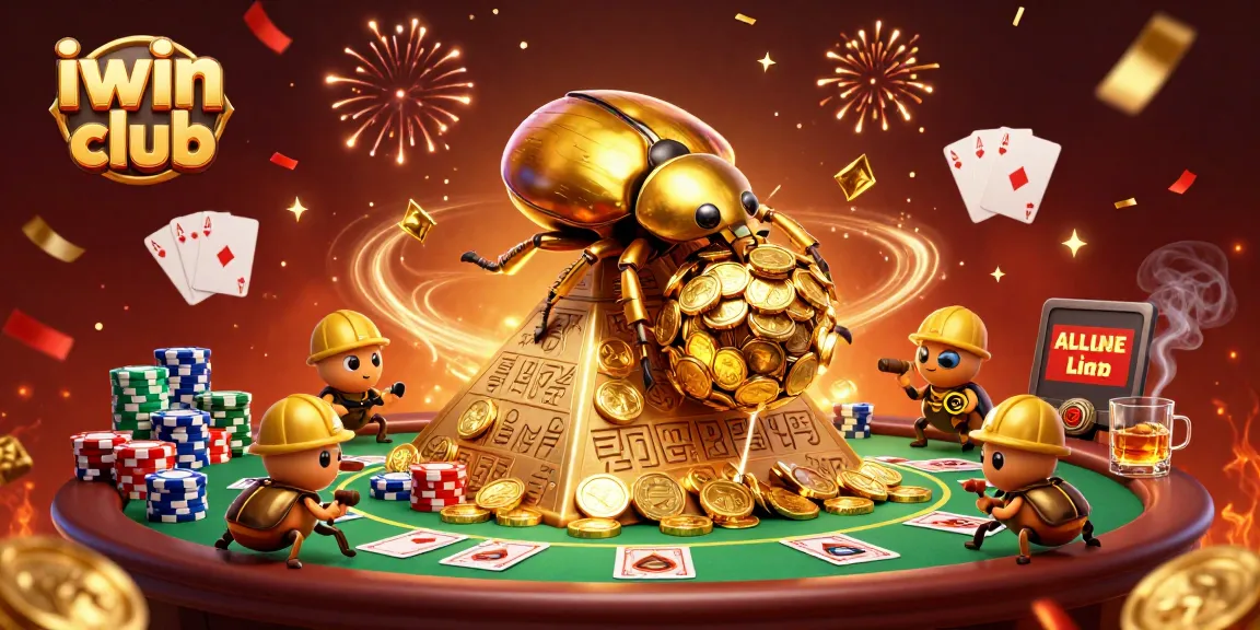 Experience exhilarating gaming at iwin club with vibrant casino-themed 3D illustration of golden beetles and poker elements