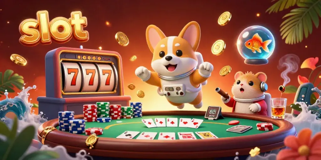 Experience the thrill of slots with a floating astronaut corgi and vibrant casino elements in space.