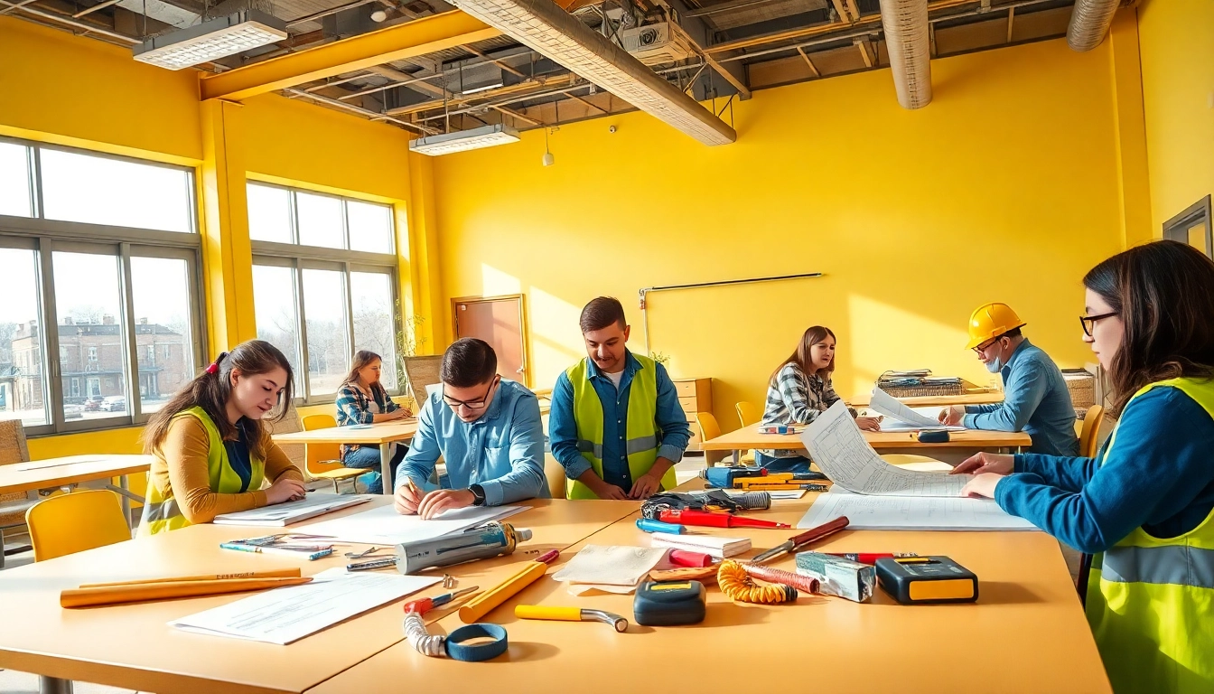 Students participating in construction classes actively engage with tools and blueprints in a bright classroom setting.