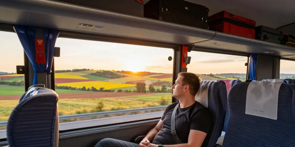 Transport internațional Moldova - Pasager relaxat călătorind cu autocarul spre Europa, peisaj pitoresc vizibil pe fereastră.