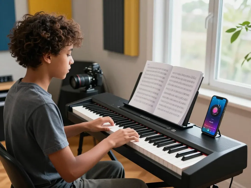 Young musician enjoying the go 88 digital piano in a bright home studio.