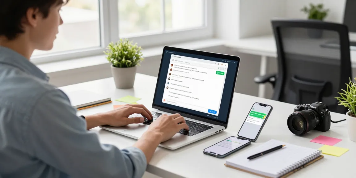 Using WhatsApp電腦版 in a modern workspace with a laptop and smartphone, promoting productivity.