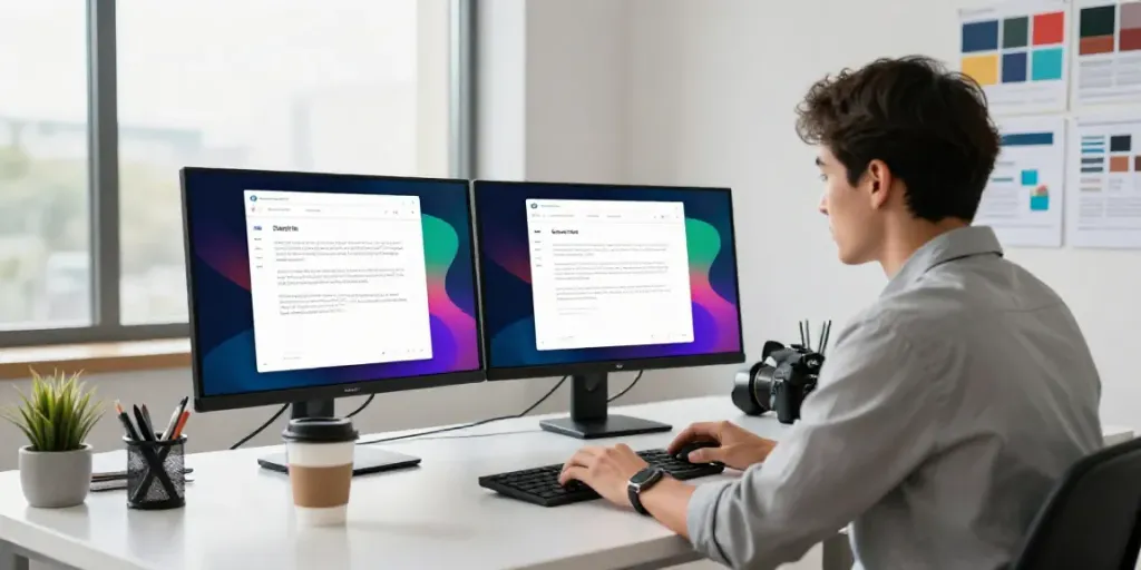 Content strategist analyzing AI generated sales copy in a modern marketing office, dual monitors displaying analytics and copy templates.