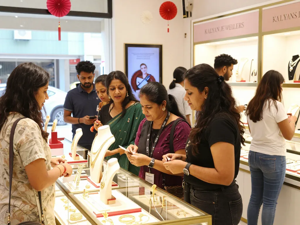 Sneak a peek at these guys with Kalyan Jewellers' exquisite collection on display in a vibrant retail setting.