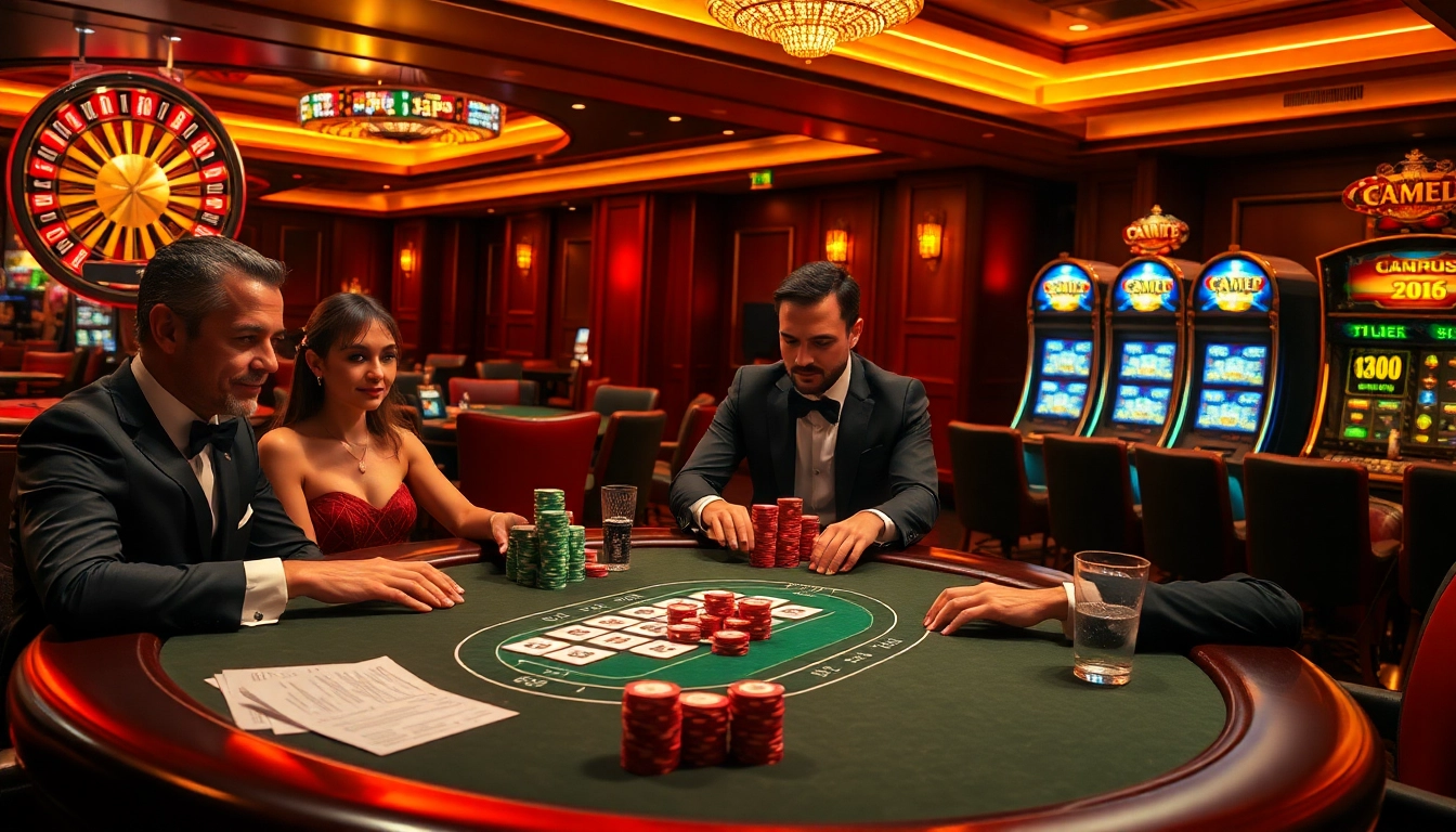 Participez à un gameplay palpitant dans un casino en ligne 2026 luxueux avec des tables de poker, des roulettes et une ambiance animée.