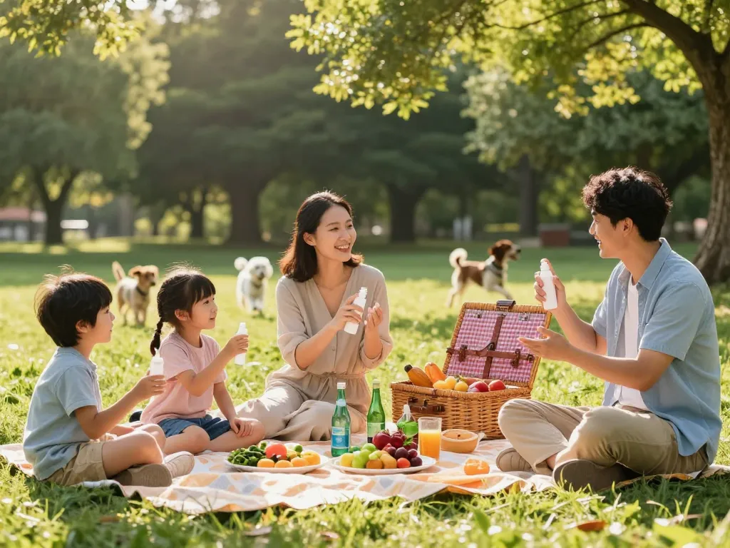 Families enjoying a summer picnic while using mosquito repellent for protection against bites.