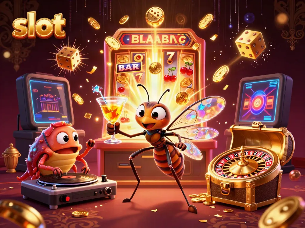 Mesin slot menjulang dengan karakter kartun unik di kasino, menampilkan petualangan berkilauan.