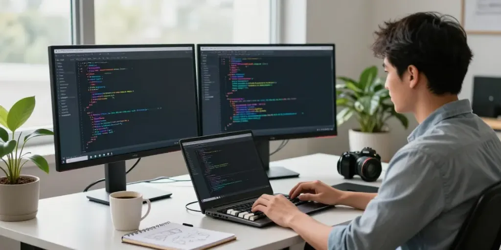 Developer working on https://notepad-app.co/ with dual monitors showing colorful code and a clean workspace.