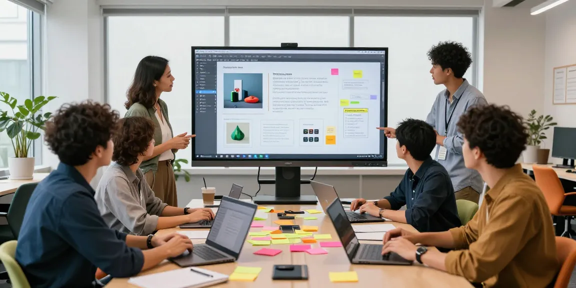 Team brainstorming on a mixboard in a modern office, showcasing AI-driven collaboration.