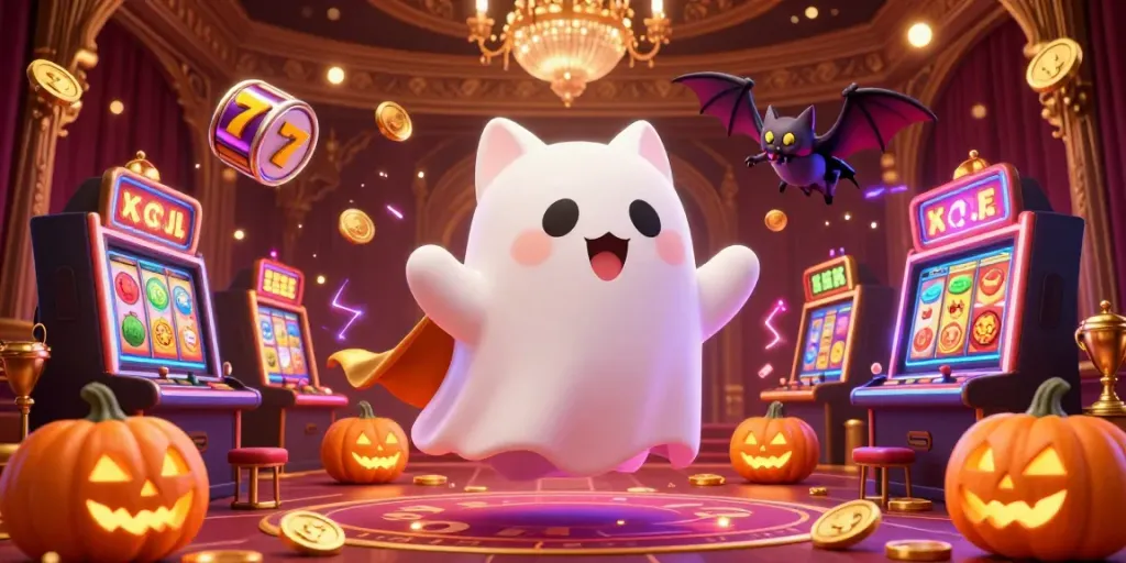 Engage with pulau 69’s vibrant casino atmosphere featuring playful ghost cats and slot machines.