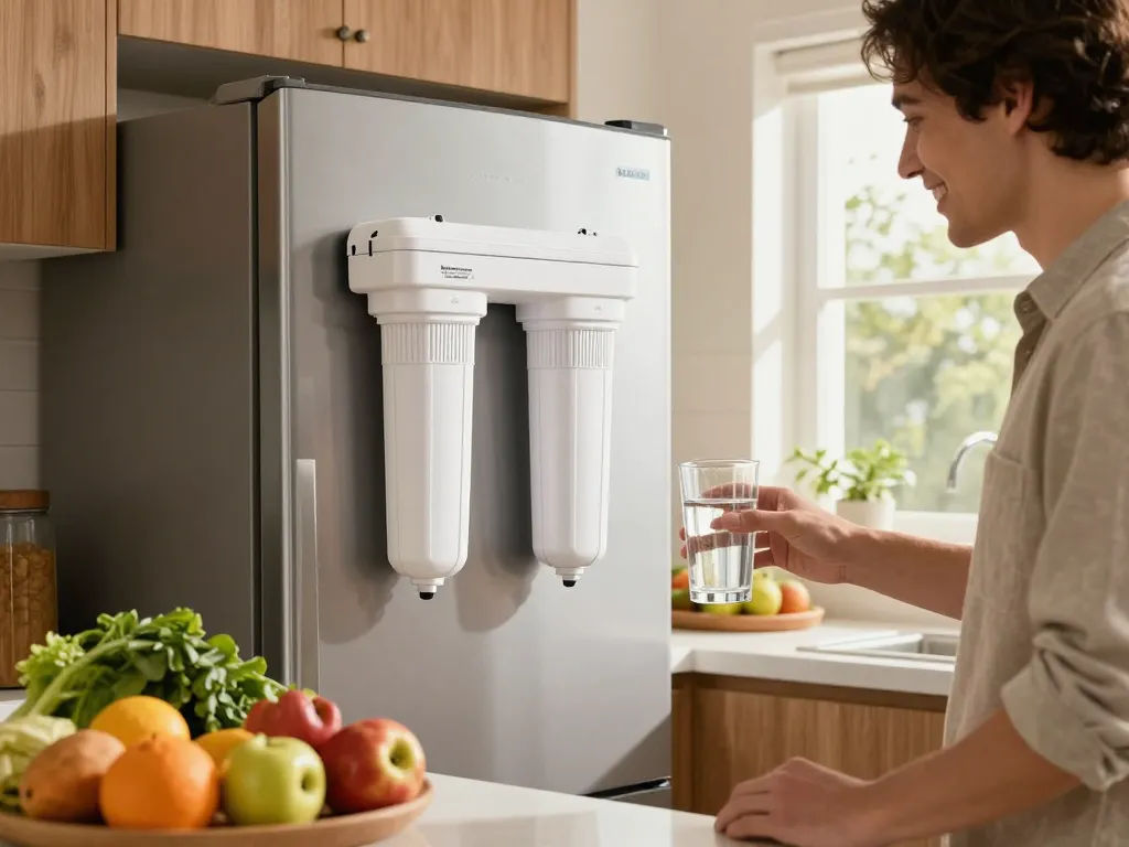 Waterdrop Replacement for Samsung® DA29-00003G filter being used in a clean, bright kitchen for healthy, fresh drinking water.