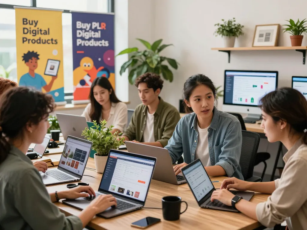 Entrepreneurs collaborating in a vibrant e-commerce space while promoting Buy PLR Digital Products, showcasing dynamism and creativity.