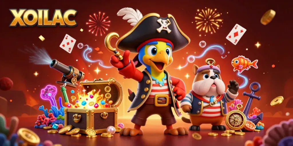Experience sports excitement with XOILAC as a pirate captain parrot leads treasure-filled adventures in this vibrant 3D scene.
