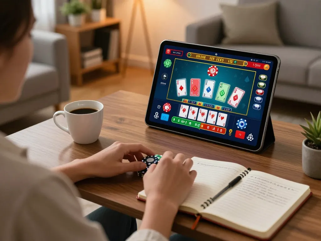 Engaged in online gaming at home, a player strategizes for casino senza licenza aams using a tablet.