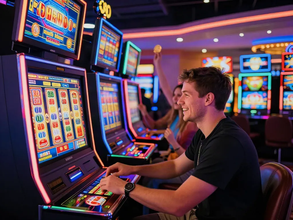 Permainan slot777 yang menarik dengan pemain bersemangat di mesin slot, menciptakan suasana kasino yang menyenangkan.