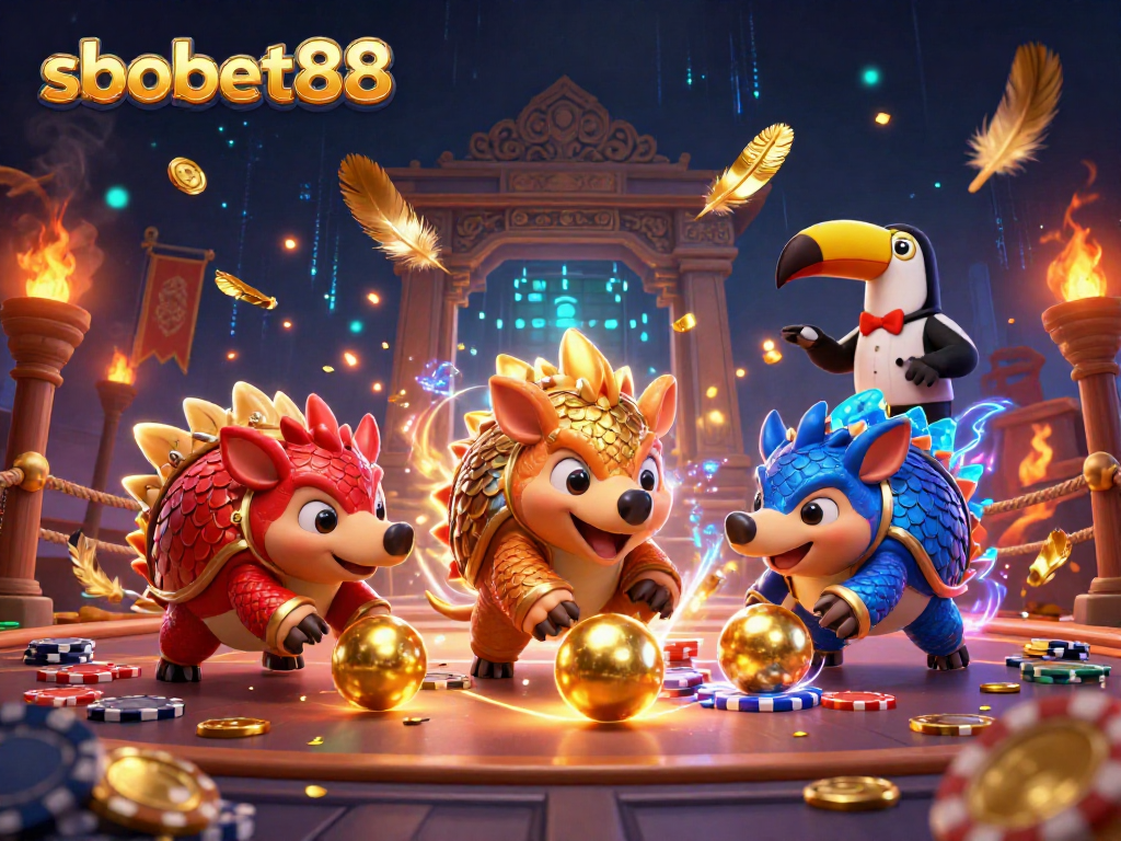 Engage with sbobet88 in a thrilling scene featuring competitive pangolins and vibrant casino elements.