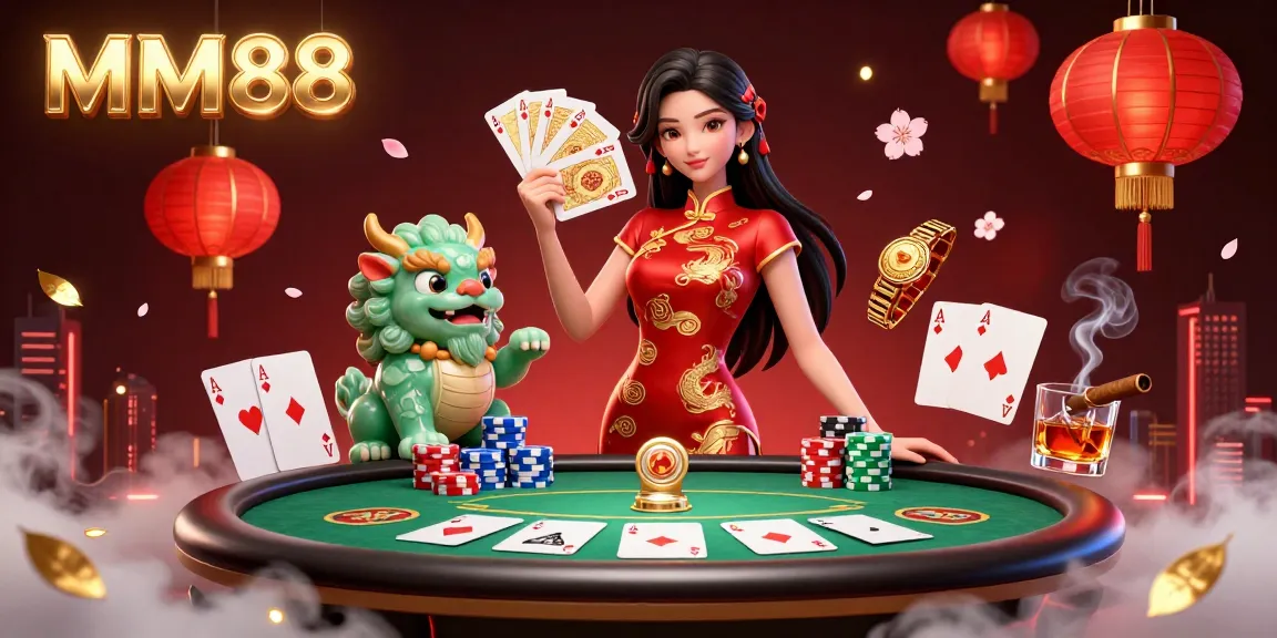 Engage with MM88's vibrant gaming world as an elegant woman in a crimson qipao presents golden playing cards amidst a bustling casino.