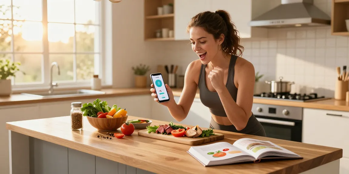 Woman using the best calorie tracker app in a bright kitchen, preparing healthy meals.