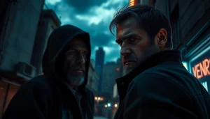 Protagonist facing danger in a mysterious alley, like Reacher in a thrilling scene.