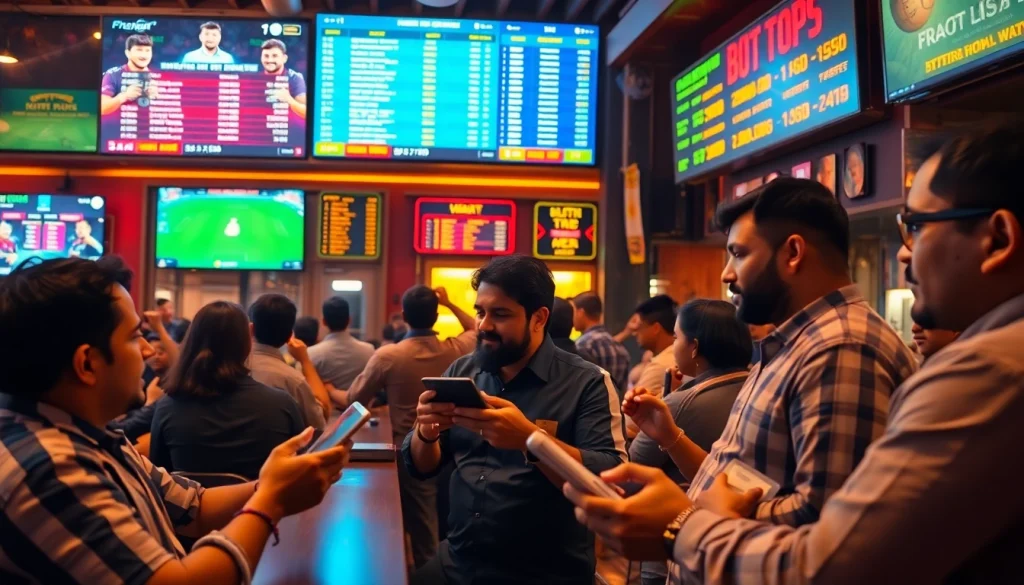 Bettors engaging with the best online sportsbooks India in a vibrant sports bar environment.