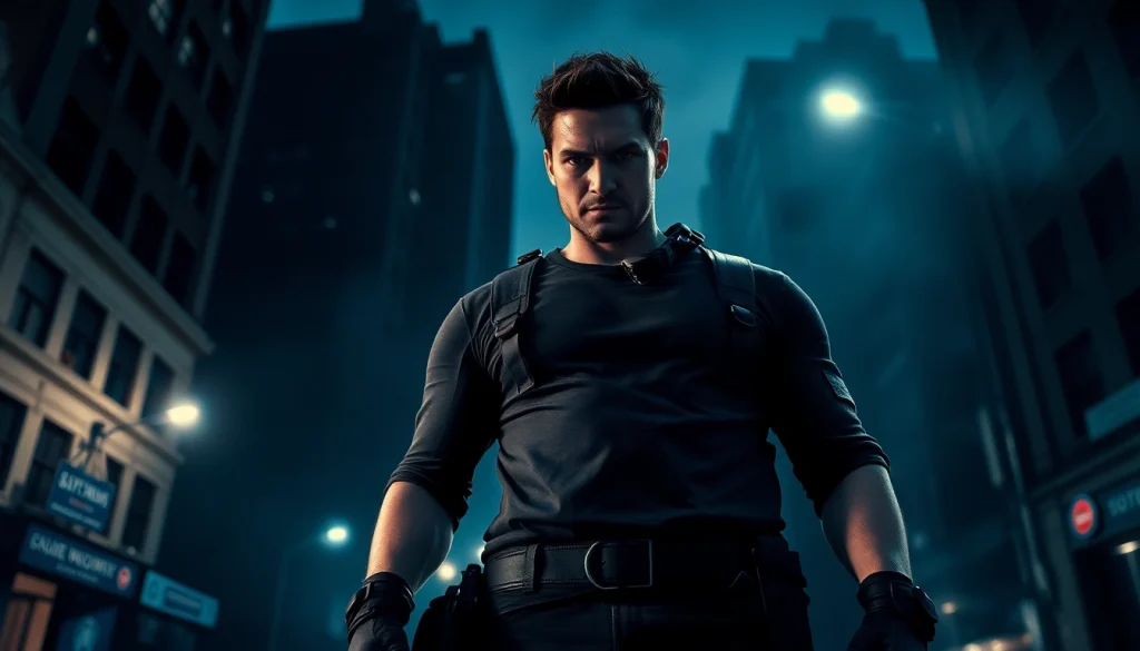 Action-packed scene featuring a hero embodying the spirit of Like Reacher with urban grit and determination.