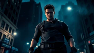 Action-packed scene featuring a hero embodying the spirit of Like Reacher with urban grit and determination.