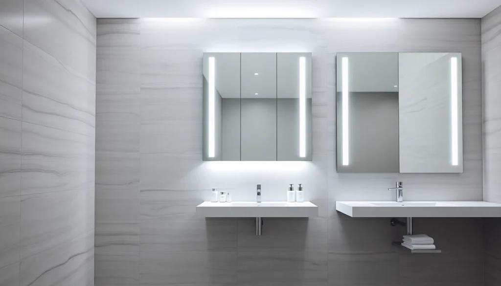 Besonderer sonni Spiegelschrank mit integriertem LED-Licht im modernen Badezimmer.