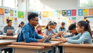 Engaged students collaborating in a vibrant classroom setting, embodying Education values.