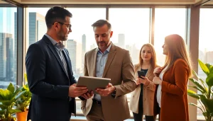 Real Estate agent advising clients with a city backdrop, showcasing vibrant office culture.