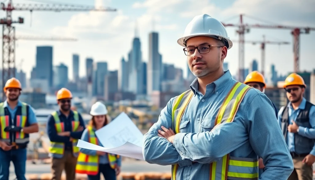 New York Commercial General Contractor overseeing a vibrant construction site with a city skyline backdrop.