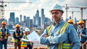 New York Commercial General Contractor overseeing a vibrant construction site with a city skyline backdrop.
