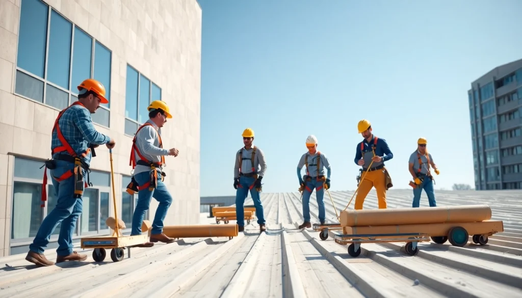 Highlighting commercial roofing services by a professional team working on a building installation.