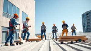 Highlighting commercial roofing services by a professional team working on a building installation.