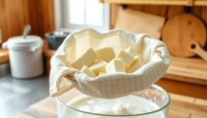 Kaasdoek detail in action while straining cheese curds in a rustic kitchen.