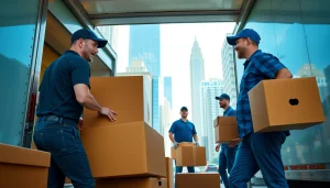 Efficient crew demonstrating Toronto moving services by packing furniture in a bright urban setting.