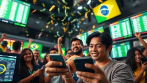 Highlight the excitement of the best sports betting sites Brazil with enthusiastic bettors analyzing odds.